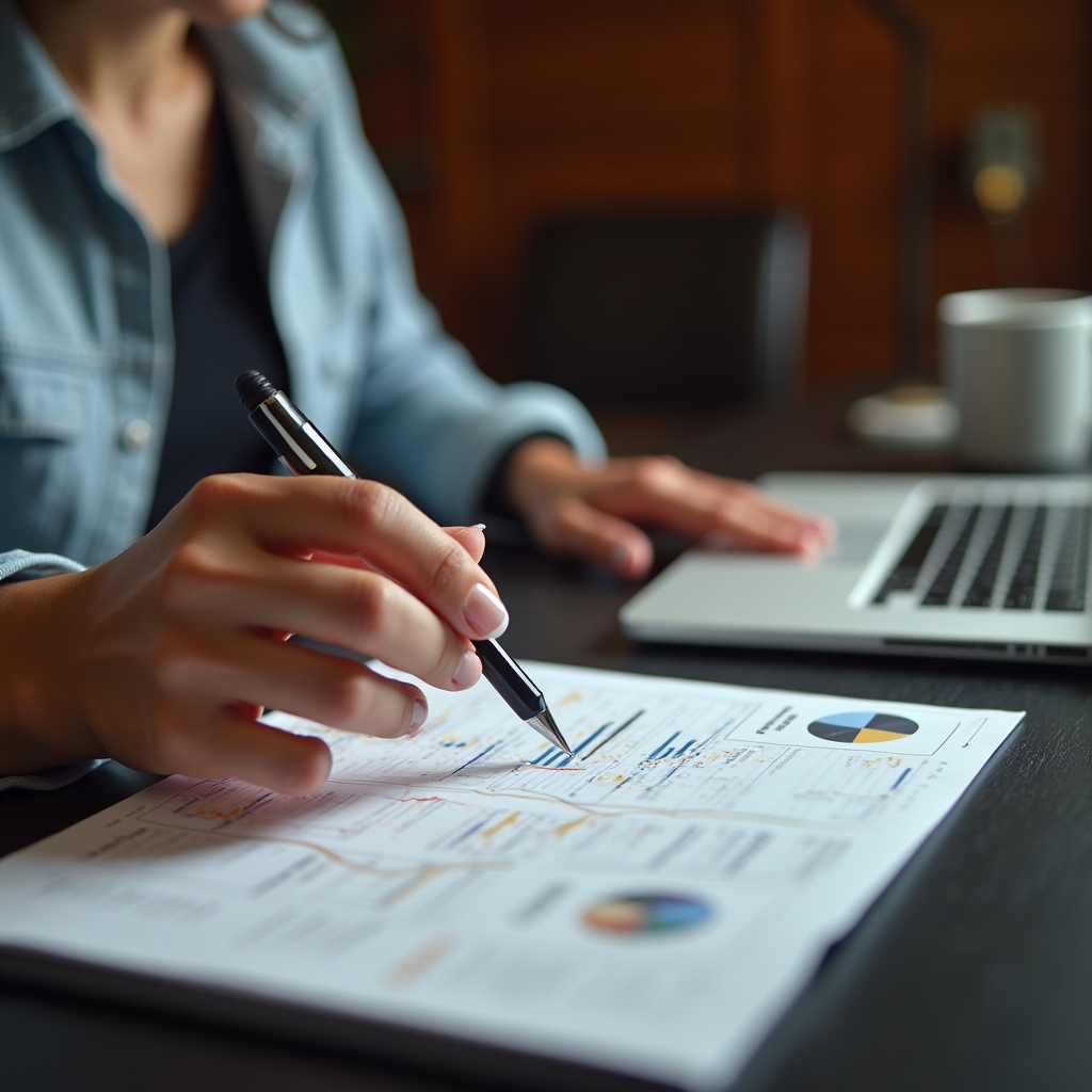A close-up of hands reviewing printed traffic charts and crawl data next to a laptop during a case study review