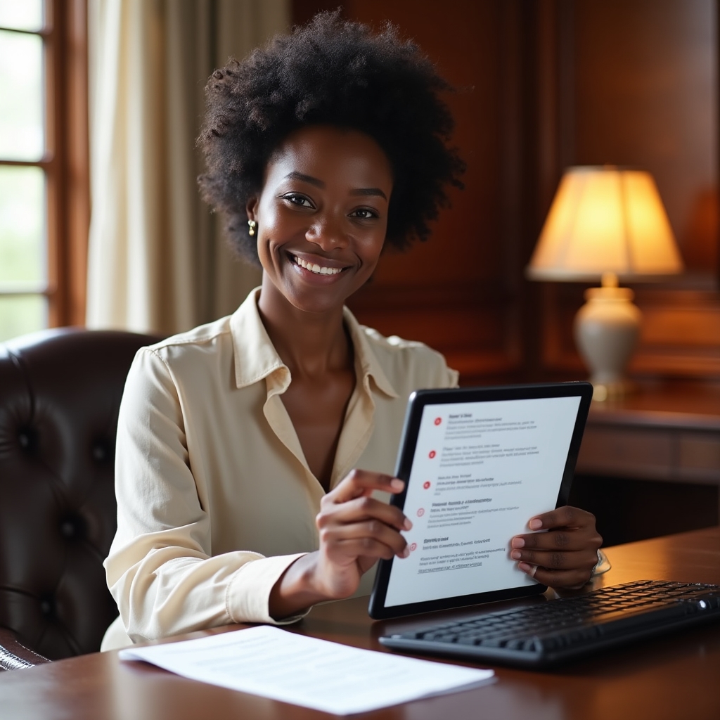 A content publisher reviewing a website content inventory on a tablet at a desk with printed page lists