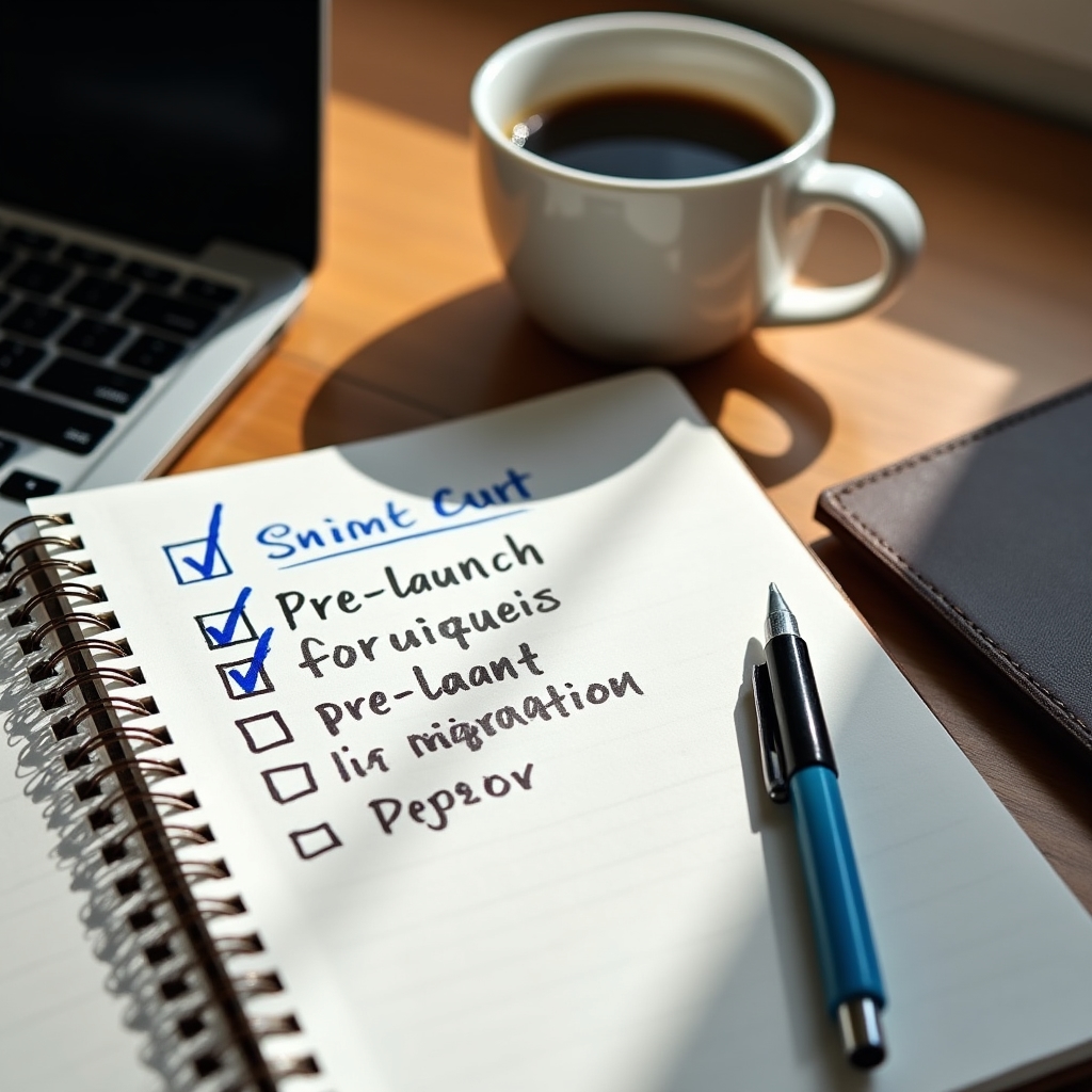 An open notebook with a handwritten pre-launch migration checklist next to a laptop showing a spreadsheet