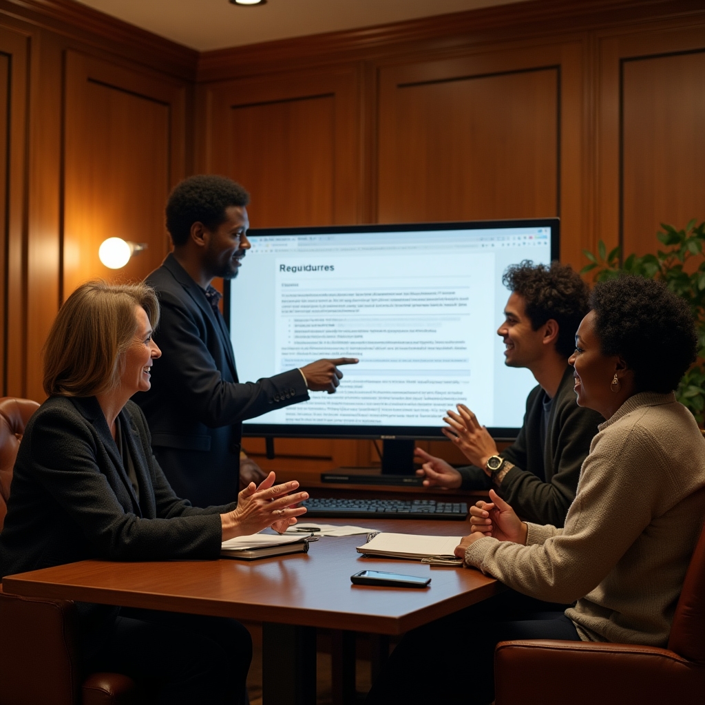 An editorial team reviewing a draft article about redirect mapping on a large monitor in a wood-paneled office