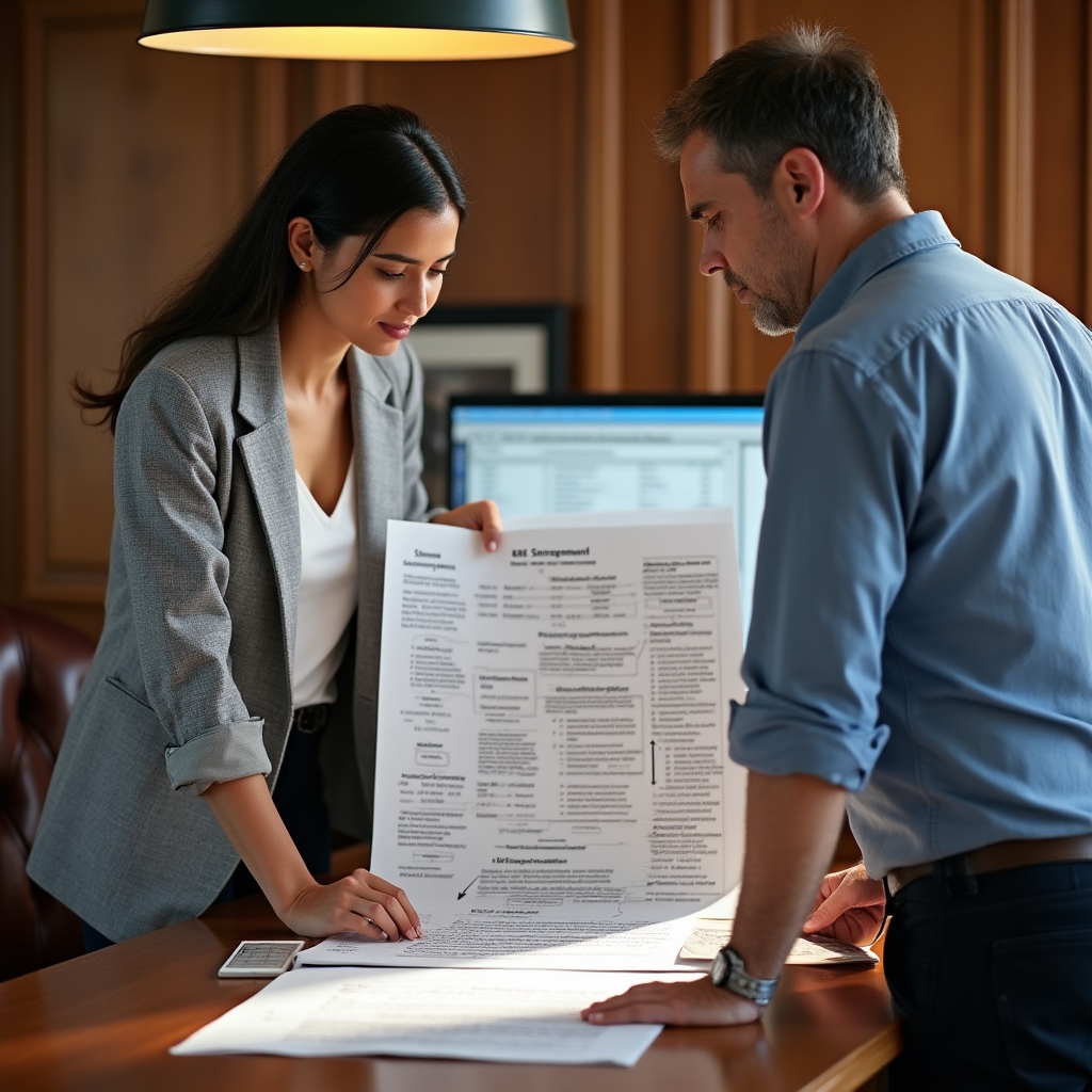 Two people reviewing a URL structure and sitemap plan spread across a desk before a website migration